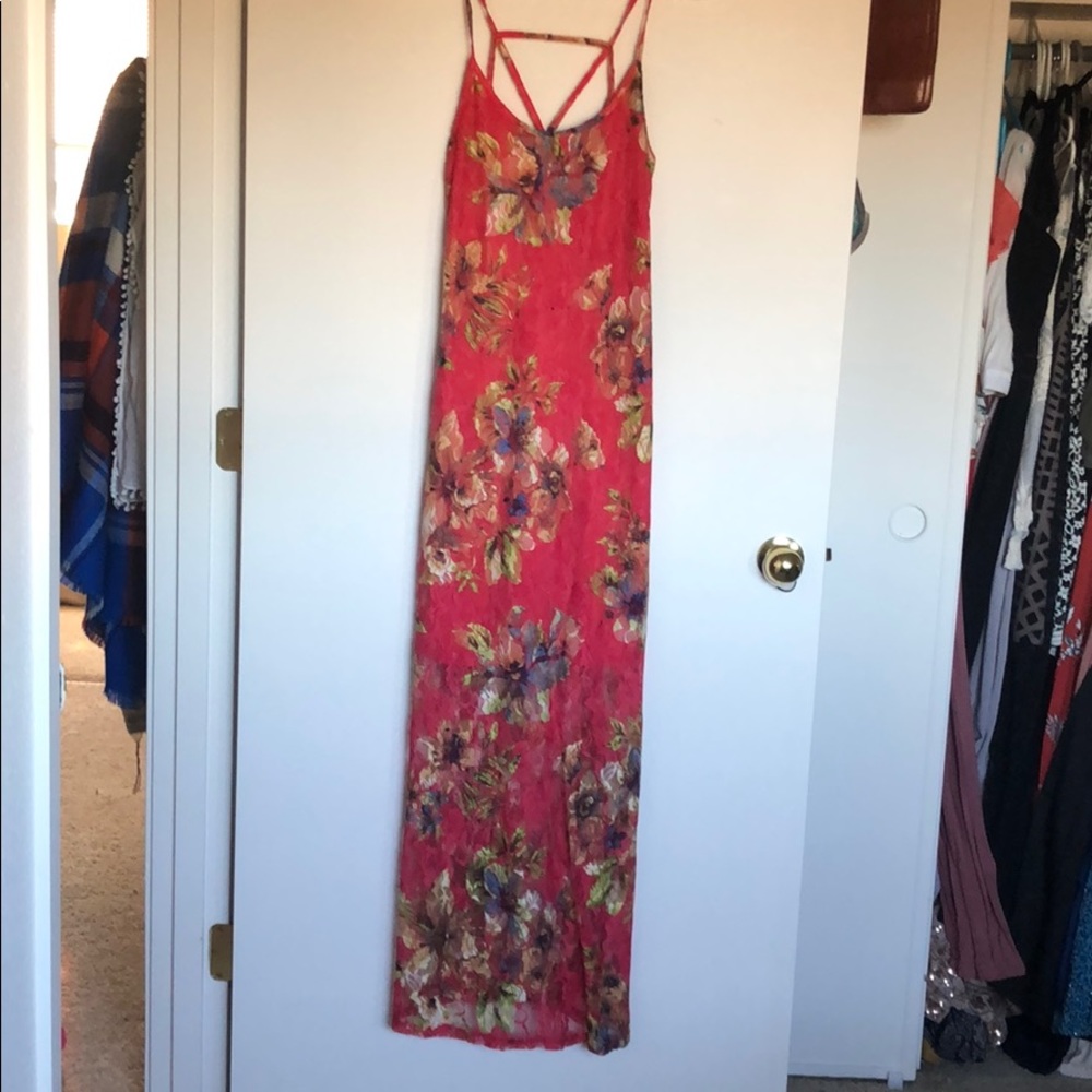 Lace floral  red maxi dress. Fire | Los Angeles
